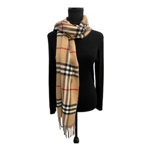 BEIGE BLACK RED WHITE PLAID FRINGE SCARF